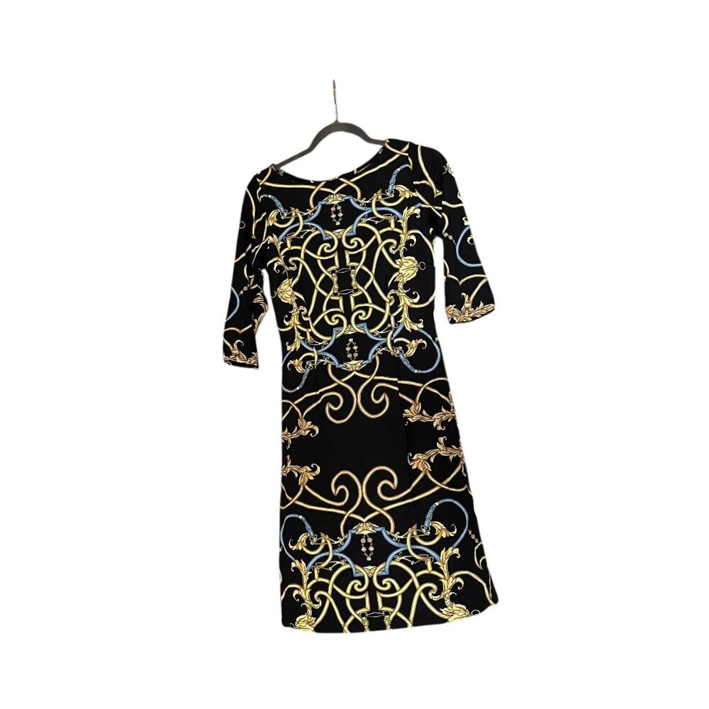 J. McLaughlin Black Gold Mari Printed Beltmore Dress Womens Size Small - Picture 1 of 5
